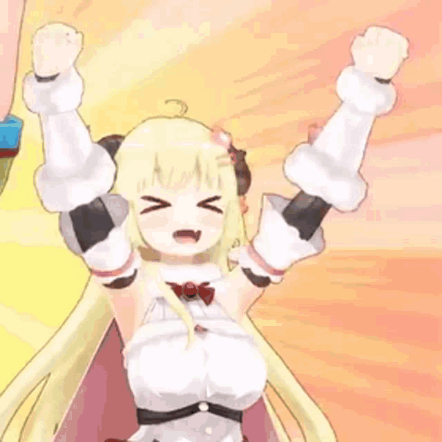 a cartoon girl with horns and a bow tie is holding a person 's arm .