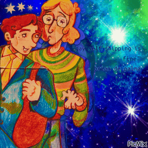 a drawing of two people with the words gay self shipping is fine on the bottom