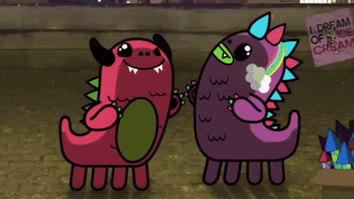 a cartoon of two monsters standing next to a sign that says i dream of ice cream