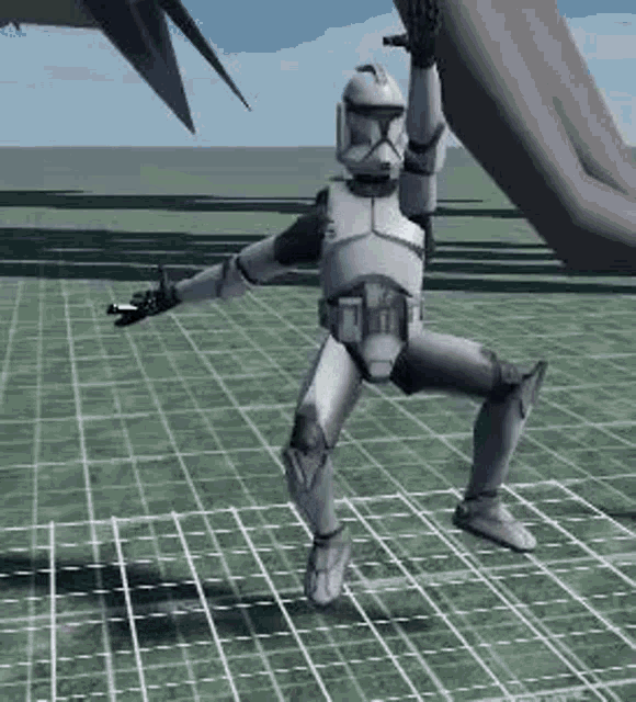 a clone trooper is standing on one leg in a video game while holding a sword .