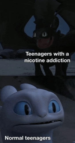 a picture of toothless from how to train your dragon with the caption teenagers with a nicotine addiction