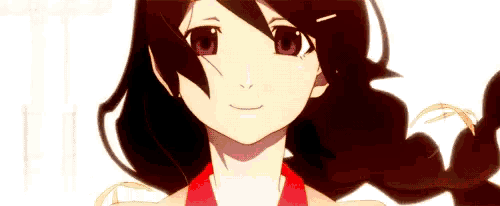 a girl with long black hair and purple eyes is smiling and wearing a red top .