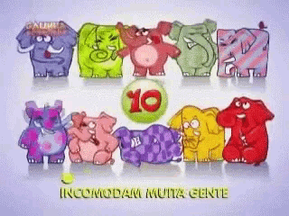 a group of cartoon elephants standing next to each other on a purple background with the number 10 in the middle .