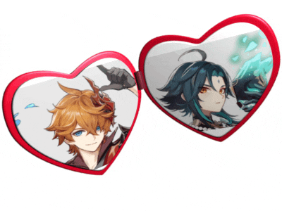 two red heart shaped mirrors with a picture of two anime characters on them