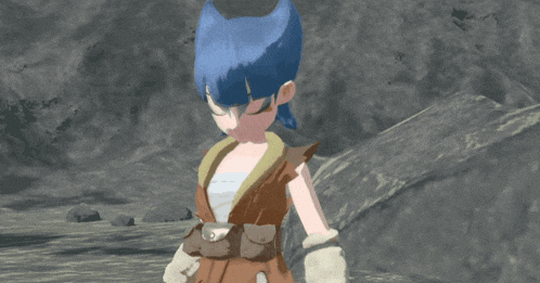 a cartoon character with blue hair and a brown jacket