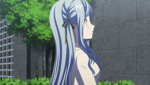a girl with long blue hair is standing in front of a stone wall