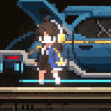 a pixel art drawing of a girl standing next to a blue car
