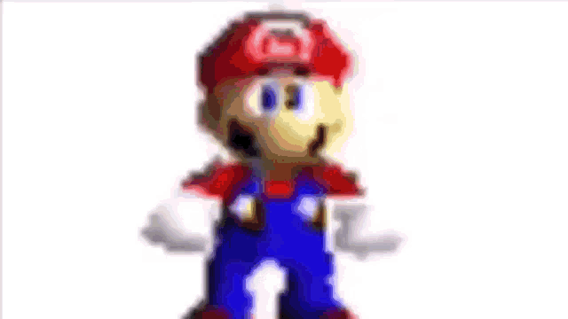 a blurred image of a mario cartoon character wearing a red hat and blue pants .