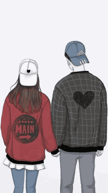 a drawing of a man and a woman holding hands with the word main on the back