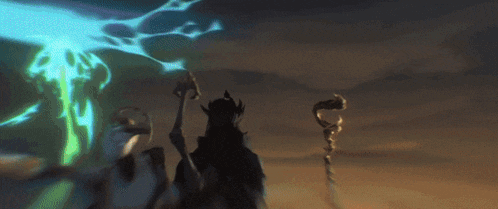 a person is standing in a dark room with a green lightning bolt coming out of the ceiling .