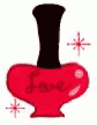 a red heart shaped nail polish bottle with the word love written on it .