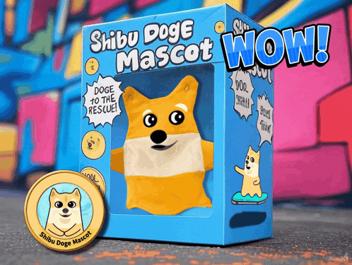 a shiba doge mascot in a blue box