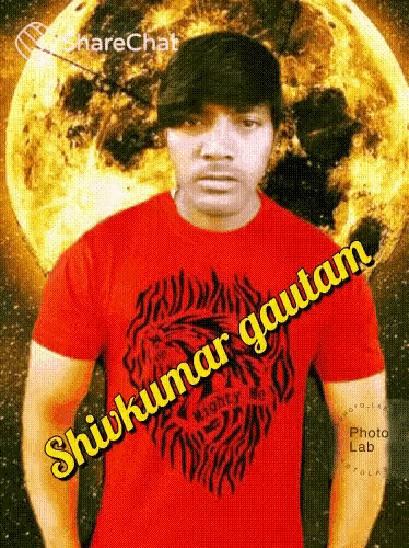 a man wearing a red shirt with the name shivakumar gautam written on it