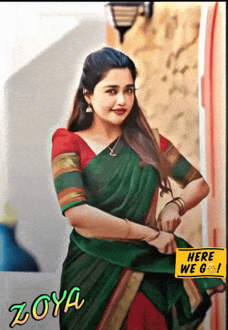 a woman in a green and red saree stands next to a sign that says here we go