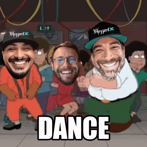 a cartoon of a group of men dancing with the word dance on the bottom