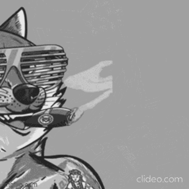 a black and white drawing of a dog wearing sunglasses and smoking a cigar