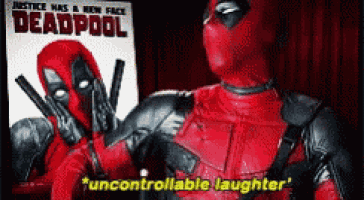two deadpools are standing next to each other in front of a deadpool poster .