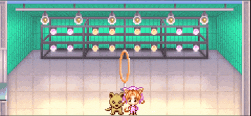 a girl and a teddy bear are standing in a room with a hoop hanging from the ceiling