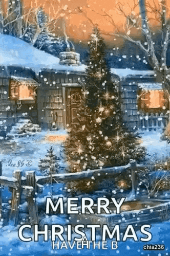 a merry christmas greeting card with a christmas tree in front of a house covered in snow .