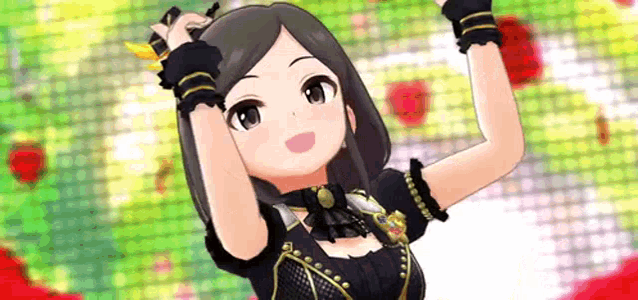 a girl in a black dress is holding a microphone in front of a colorful background .