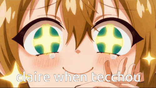 a close up of a girl 's face with the words " claire when teccchou "