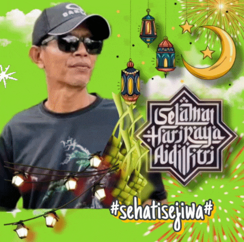 a man wearing sunglasses and a baseball cap stands in front of a green background that says #sehatisejiwa #