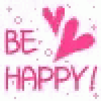 the words `` be happy '' are written in pink letters with pink hearts .
