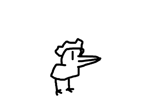 a black and white drawing of a bird with a long beak and a hat .