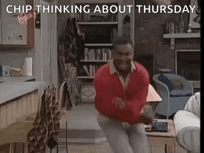 a man is dancing in a living room with the words `` chip thinking about thursday '' written on the screen .