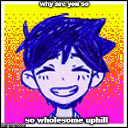 a pixel art of a boy smiling with the words why are you so so wholesome uphill below him .
