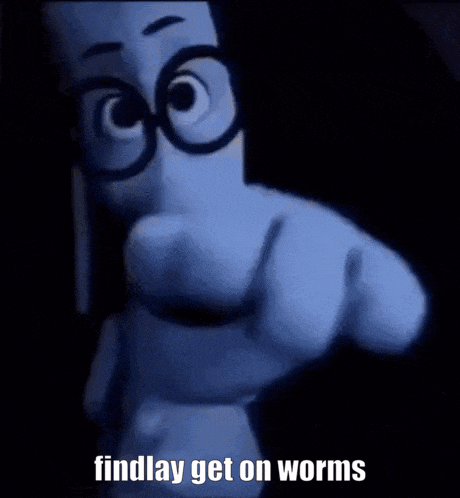a cartoon character with glasses and the words findlay get on worms