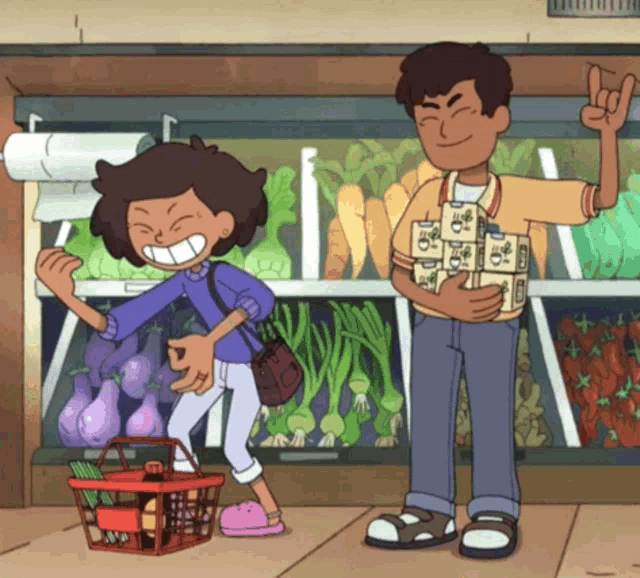 a couple of cartoon characters standing in front of a grocery store