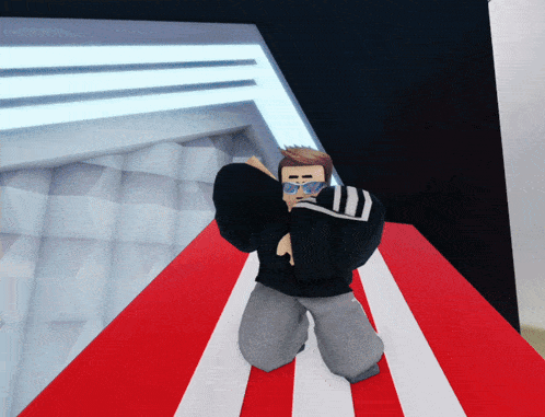 a cartoon character is kneeling down on a red white and blue striped floor
