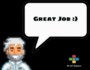 a pixel art of a man with a speech bubble that says " great job "