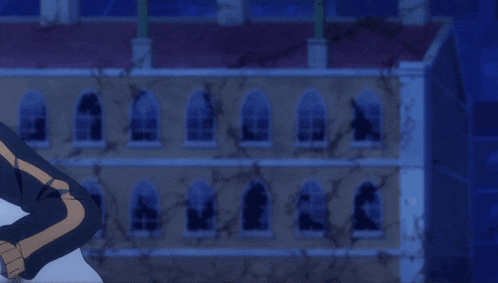 a person is flying through the air in front of a building in a blurry anime scene .