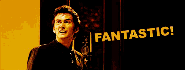 a man is screaming in front of a fantastic sign