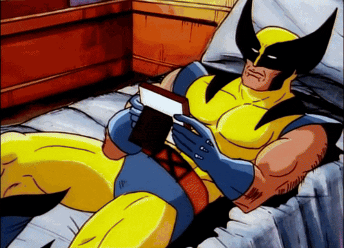 a cartoon of wolverine reading a book while laying on a bed