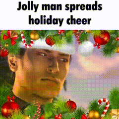 a man wearing a santa hat is surrounded by christmas decorations and says jolly man spreads holiday cheer .
