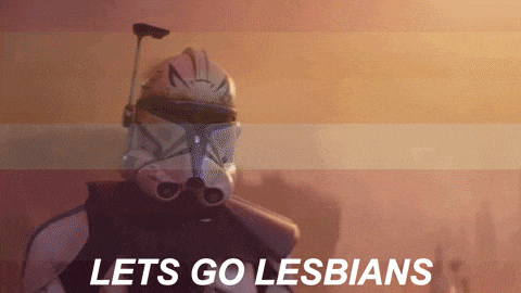a storm trooper says let 's go lesbians in front of a pink and white flag