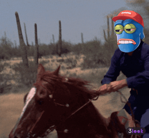 a person wearing a blue mask and a red hat riding a horse
