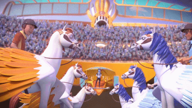 a group of horses with wings are being pulled by a man