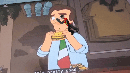 a cartoon of a man eating a hamburger with the words " it 's pretty good " on the bottom right