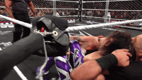 a wrestler in a purple and silver outfit is tied up in a wrestling ring
