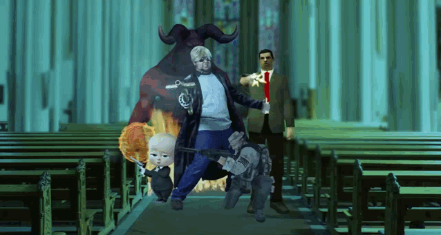 a group of people standing in a church including a baby and a devil