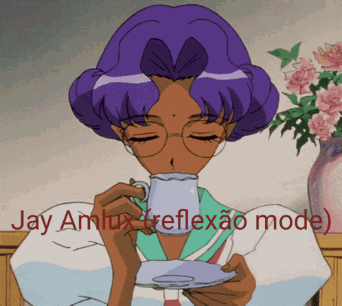 a woman with purple hair is drinking from a cup and saucer