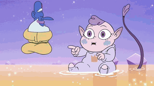 a cartoon of a baby with a crown on her shirt pointing at something