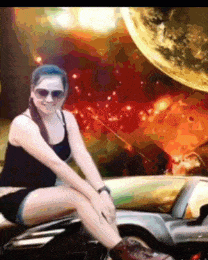 a woman in sunglasses sits on a motorcycle in front of a colorful background