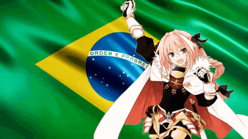 a cartoon character stands in front of a brazilian flag