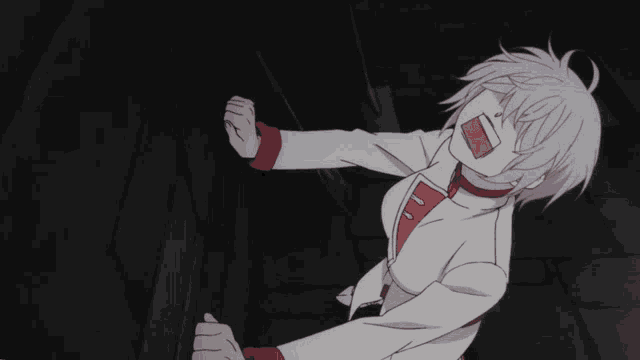 a girl with white hair and a red collar is screaming