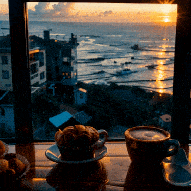 a cup of coffee and a muffin sit on a window sill overlooking the ocean at sunset
